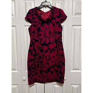 Talbots Pink And Navy Blue Floral Print Scoop Neck Linen Sheath Dress 12 Petite